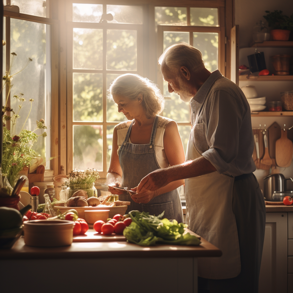 Grandparents cooking in kitchen with natural light