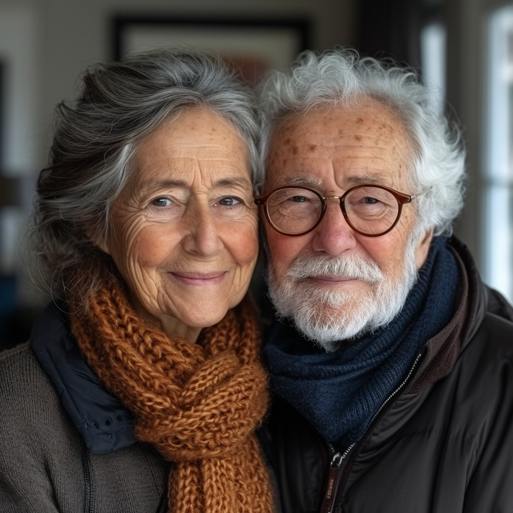 Smiling grandparents on plain white background