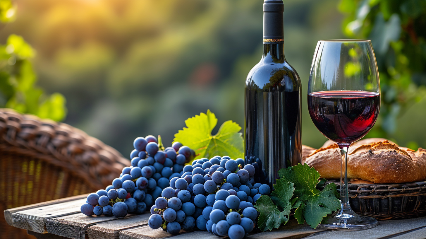 Grapes, Bottle, Glasses, Bread on Terrace