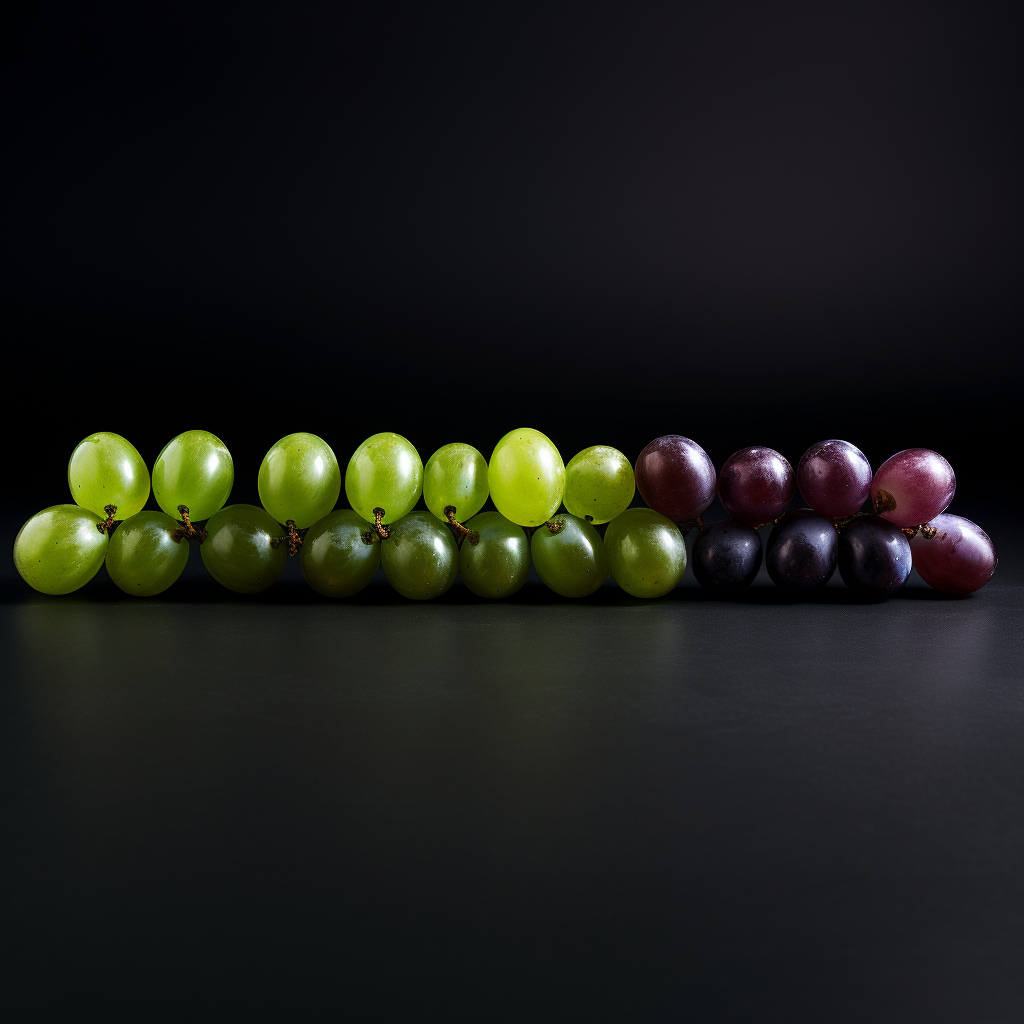 Eleven grapes and a green olive on a black table