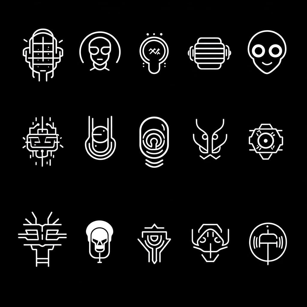 Graphic white icons on black background