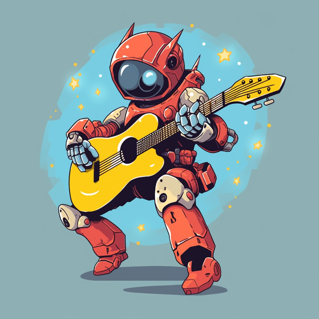 Colorful robot playing guitar on t-shirt