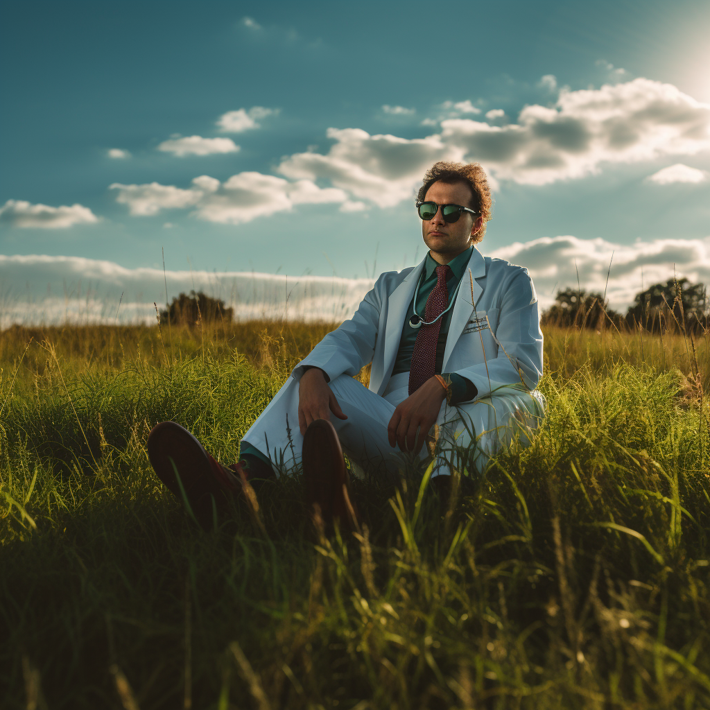 Doctor in grass field watching camera