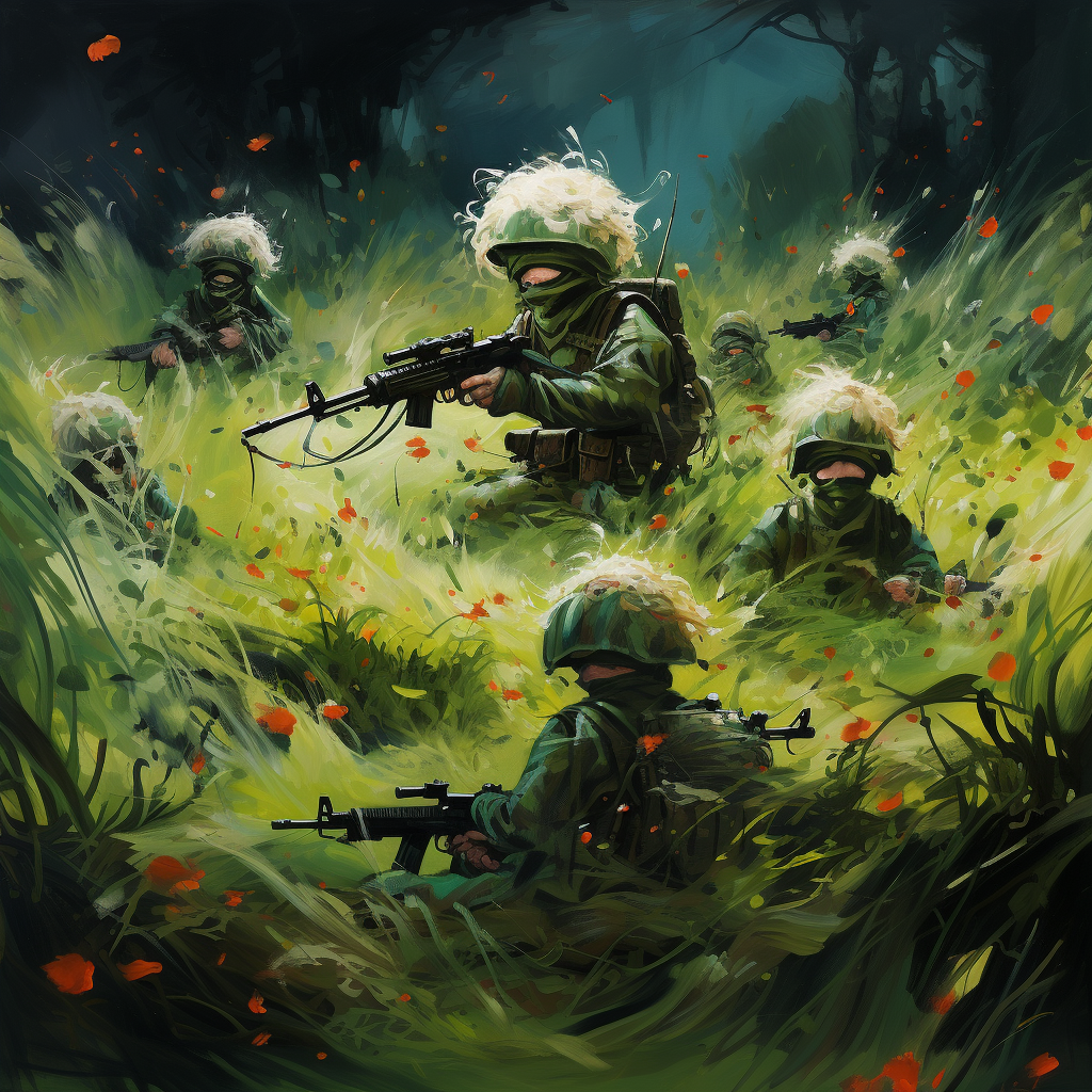 Soldiers in Grass Ghillie Suits aiming sniper scopes