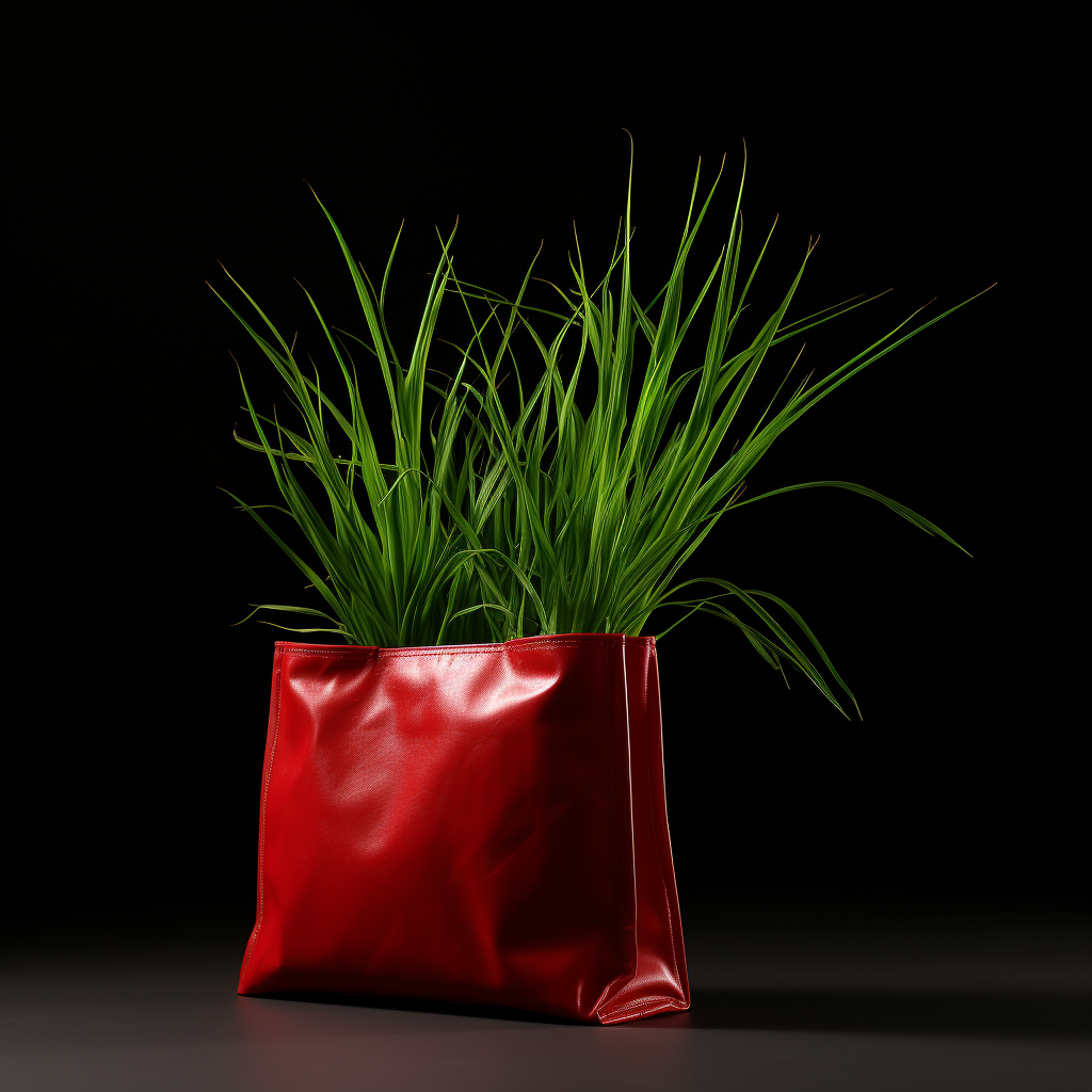 Grass on red bag from an oblique angle