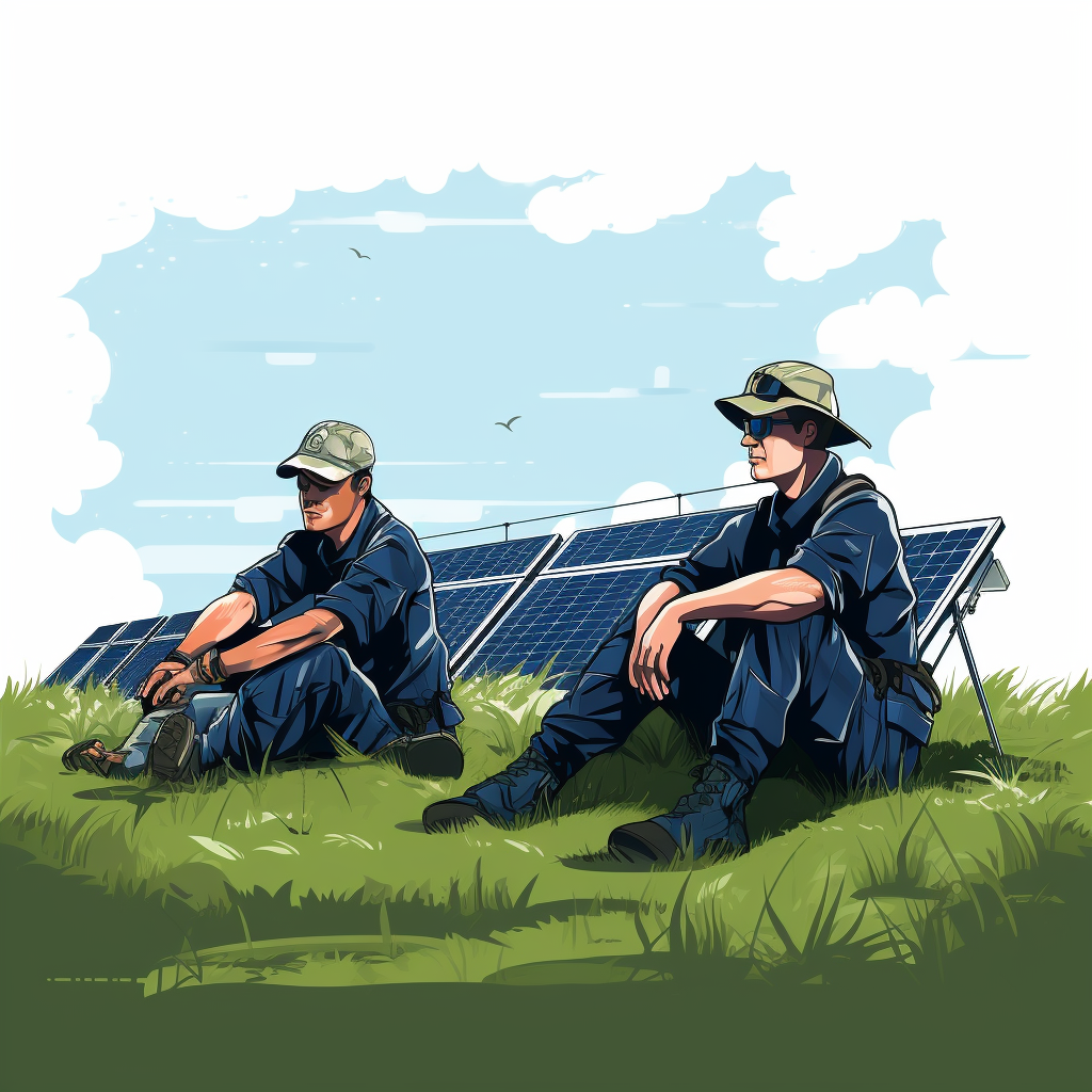 Photovoltaic technicians resting on grass