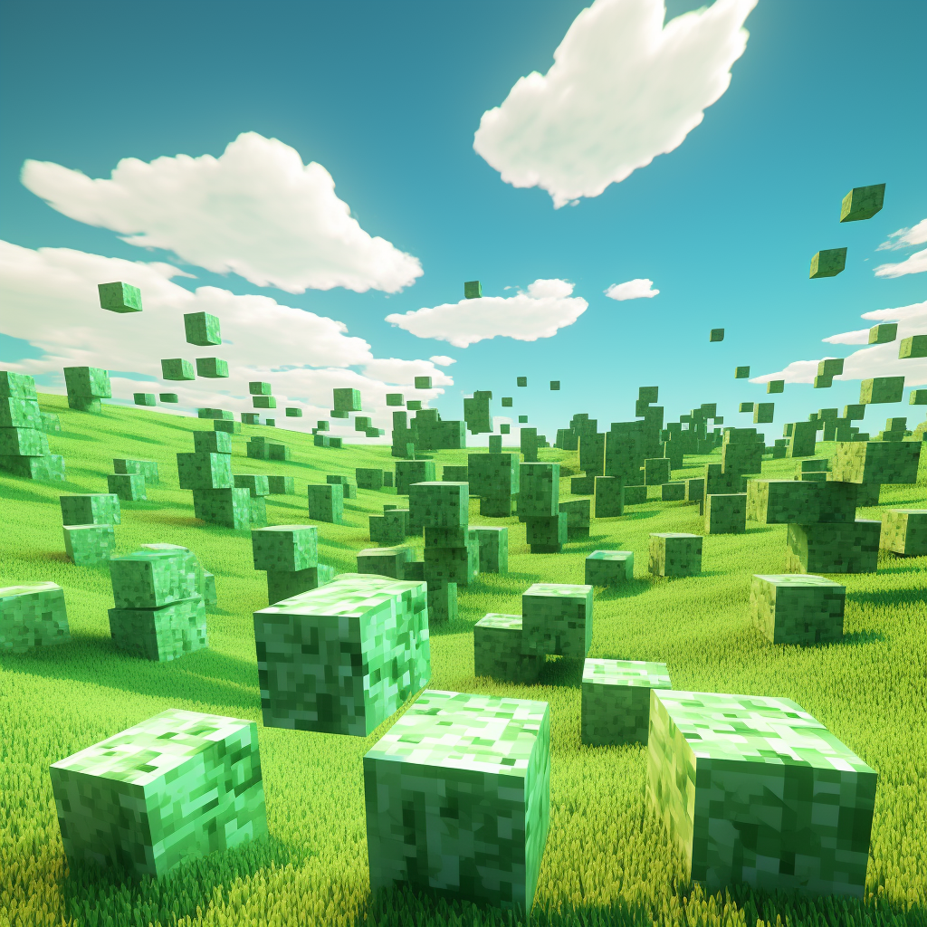 Colorful grassy field with cubic blocks