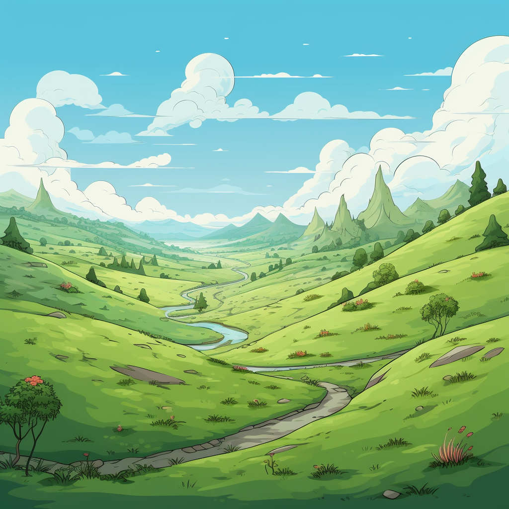 Cartoon grassy hills with doors and humanoid rabbits