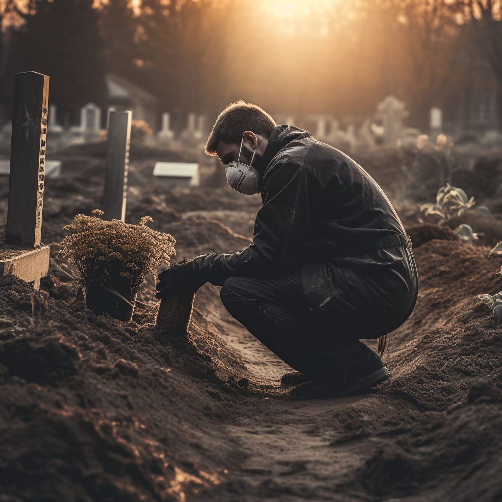 Man kneeling over grave wearing medical face mask