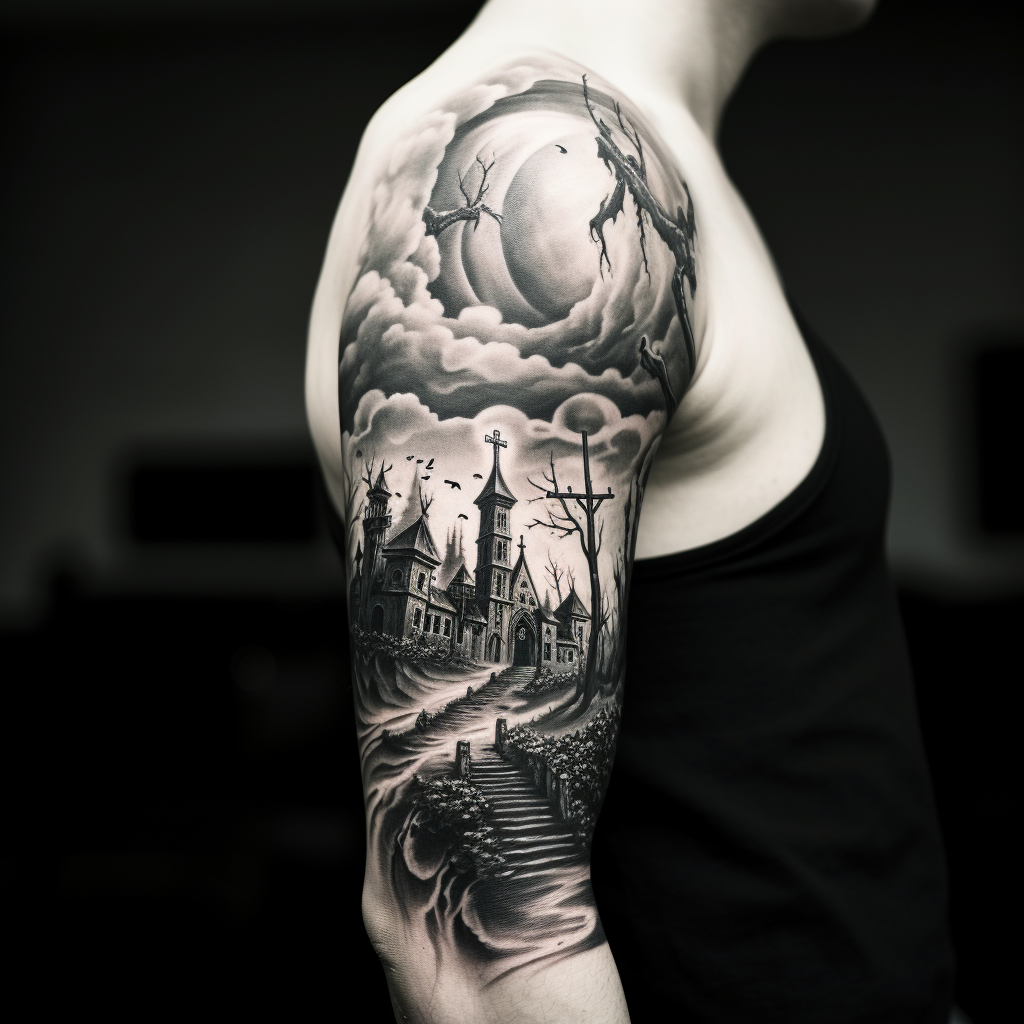 Black and white graveyard tattoo