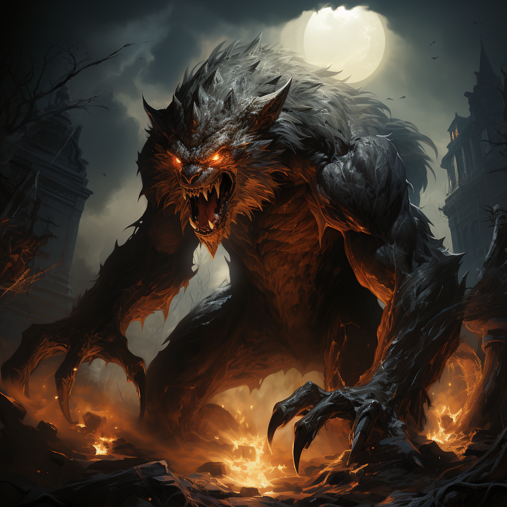 Mysterious night graveyard with werewolf