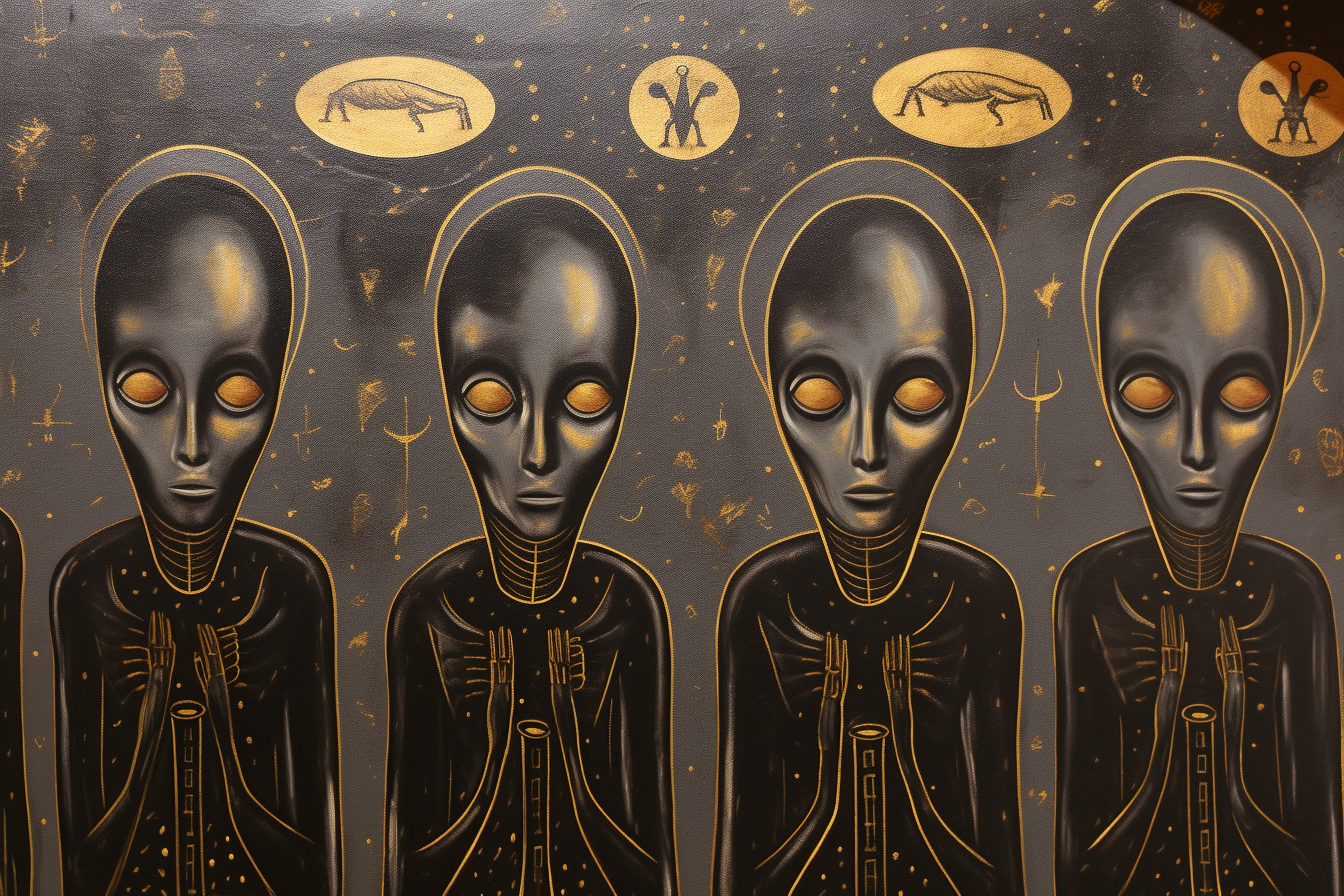 Grey aliens in Byzantine icon with golden background