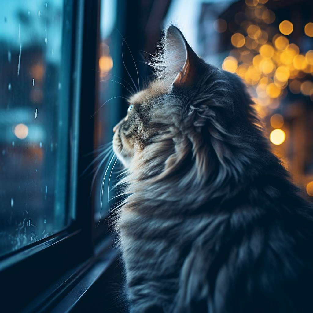 Beautiful gray cat looking out space window