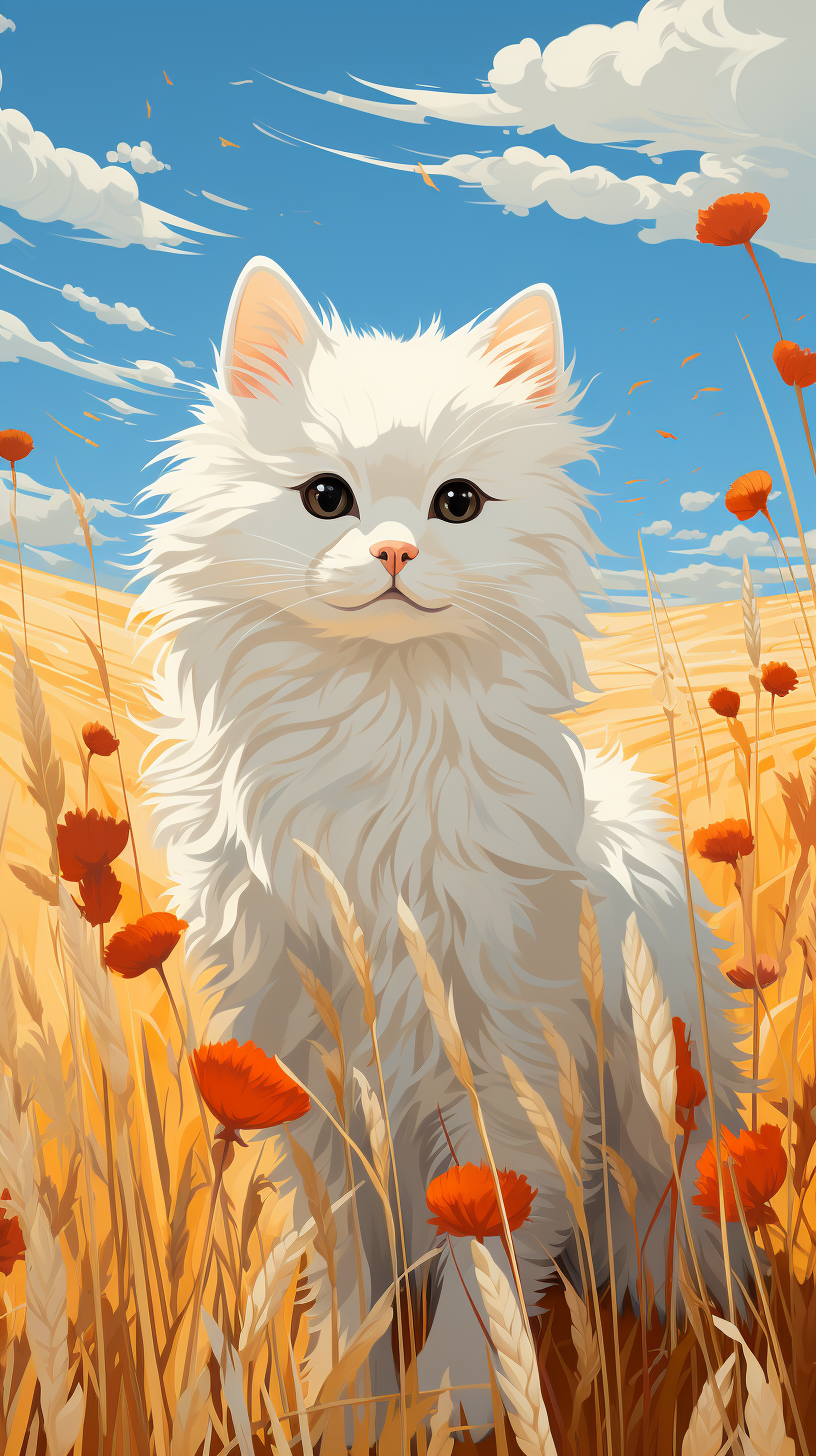 Minimal Illustration of Gray Cat in Wheat Field