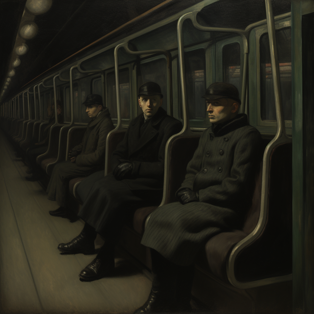 Densely seated gray figures in a midnight tram