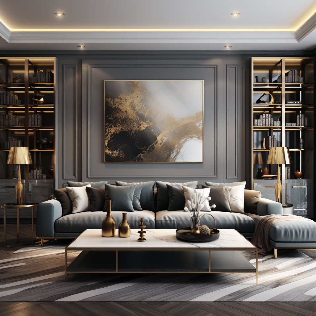 Gray and gold living room with decorations and TV