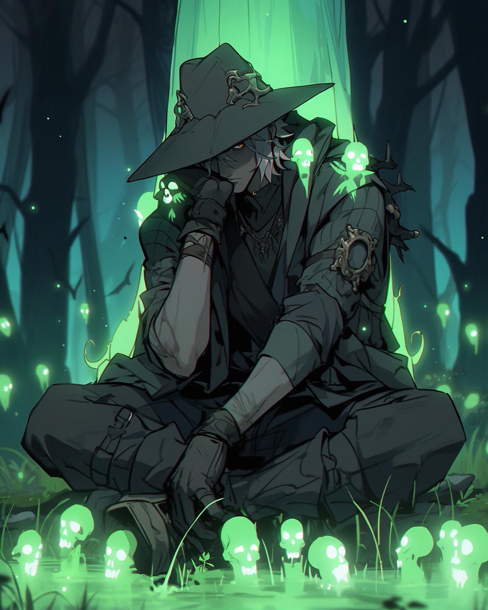 Male witch sitting on mossy stone in misty forest