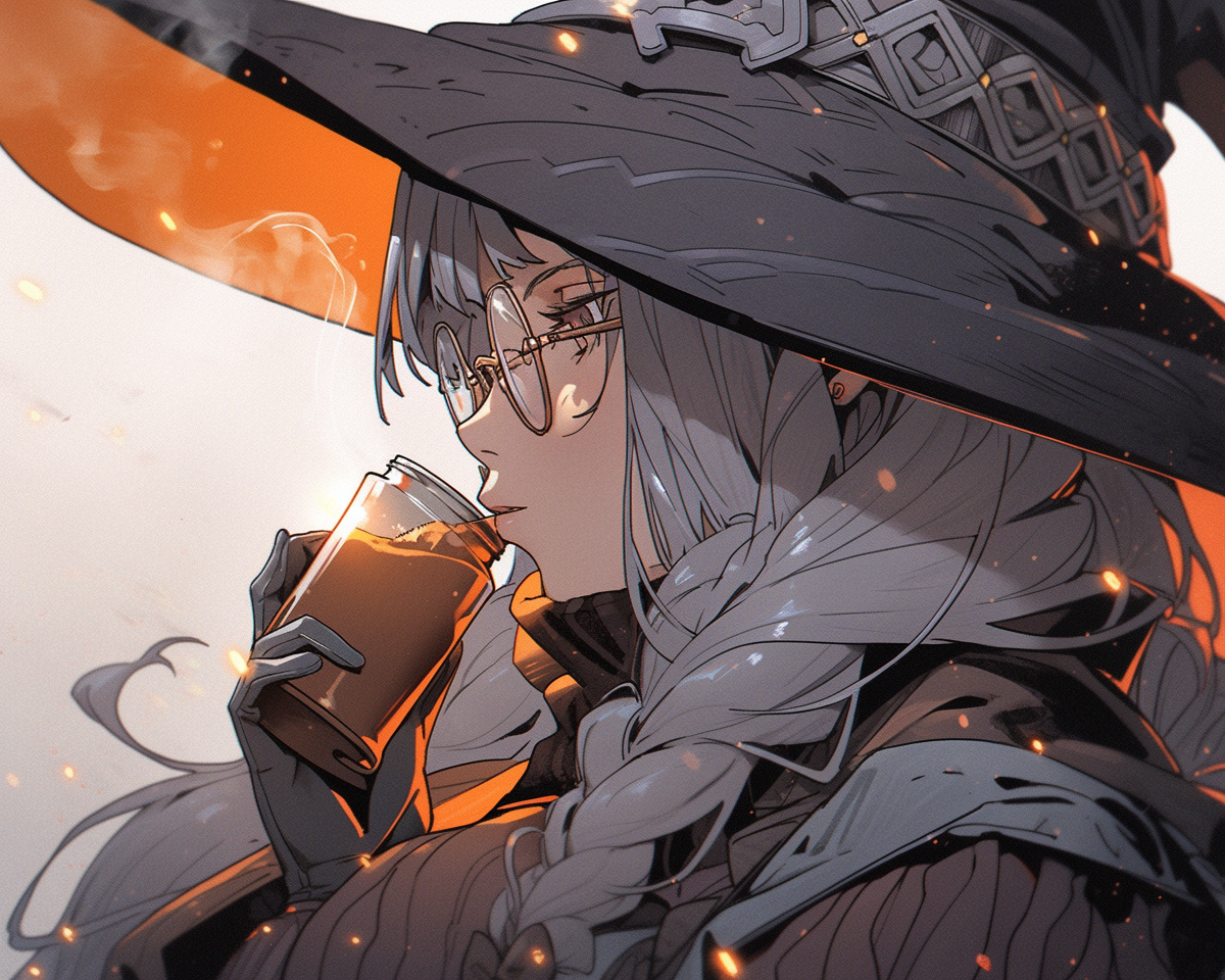 Gray haired witch with glowing ginger tea smoke