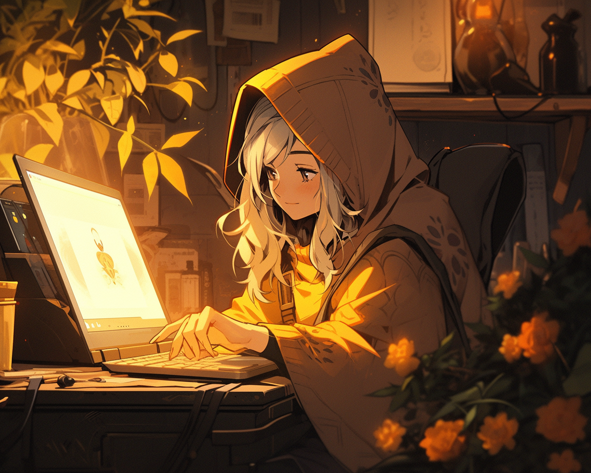 Witch working on laptop in magical living room