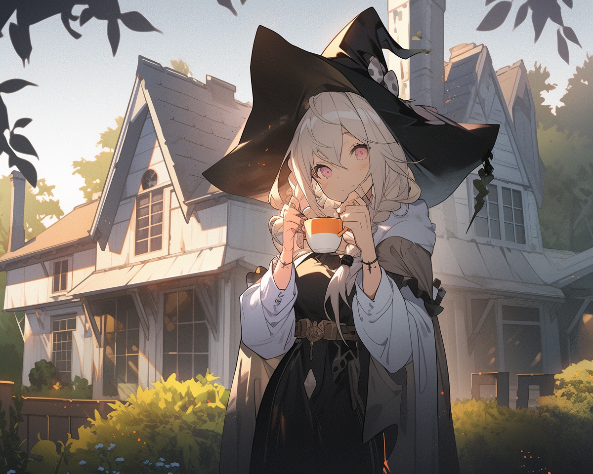 Gray-haired witch with glowing ginger tea