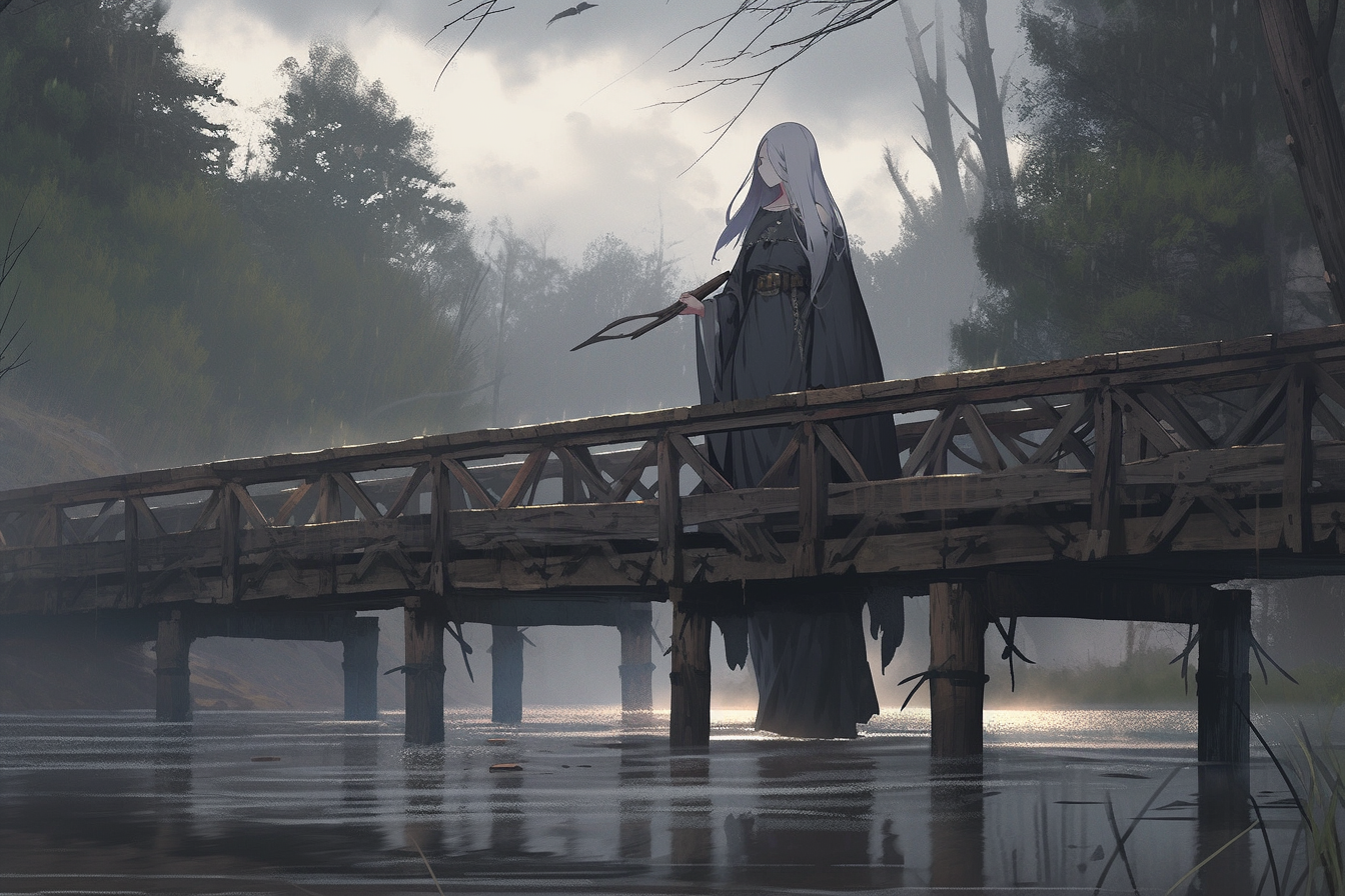 Ghostly gray-haired witch on weathered bridge