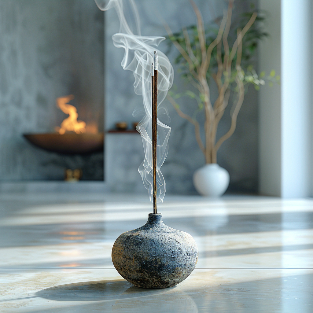 Gray incense stick burning upright