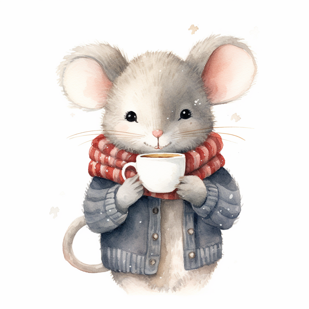 Adorable gray mouse with hot cocoa