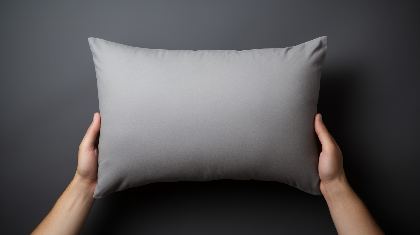 Close-up of hands holding a gray pillow