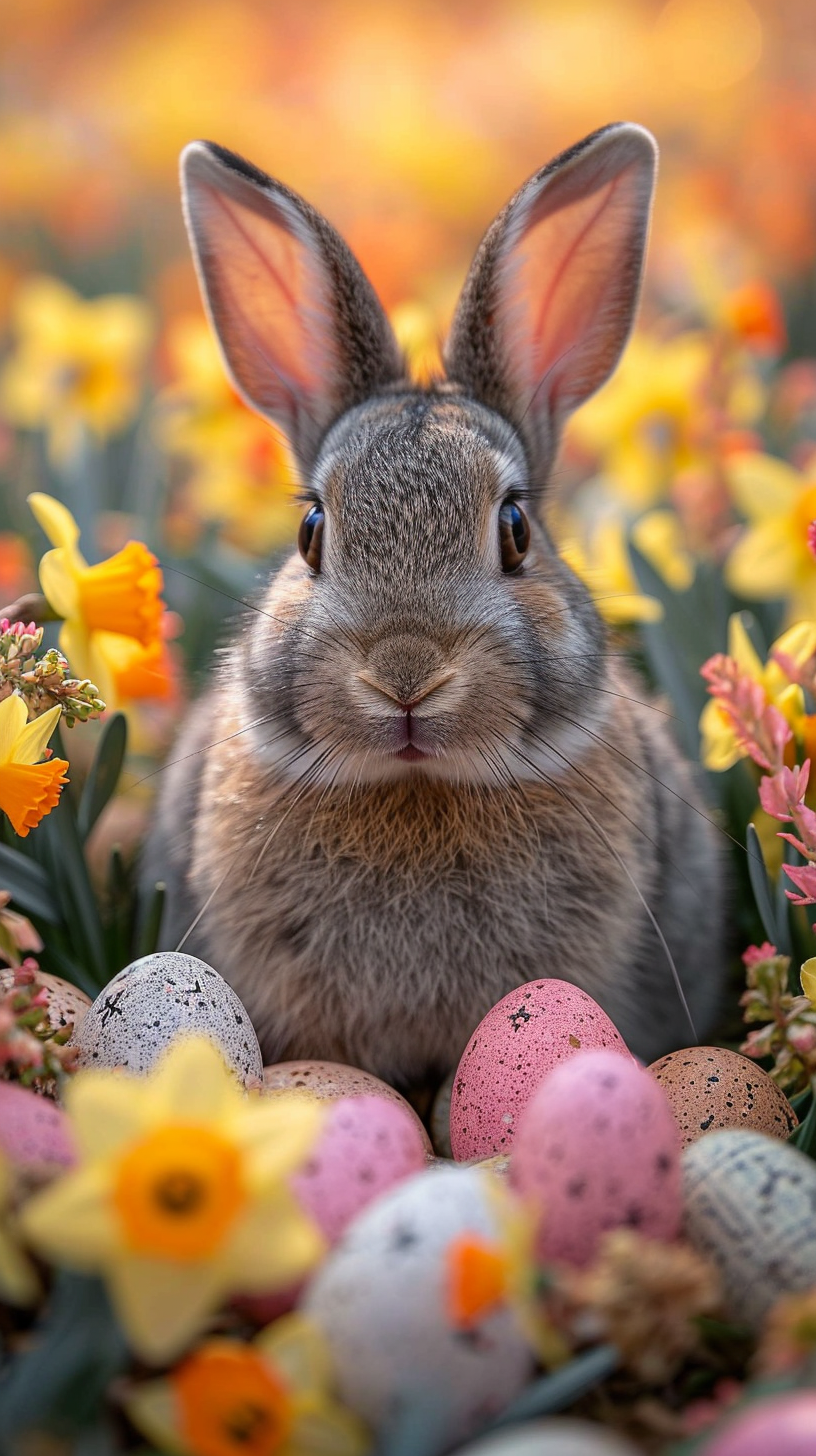 Gray rabbit peeks from Easter eggs and flowers