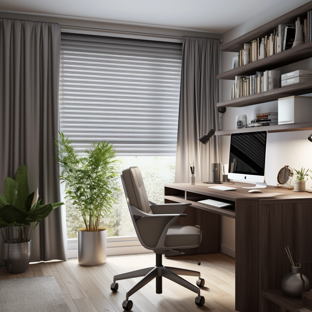 Modern office with dark brown furniture and plants