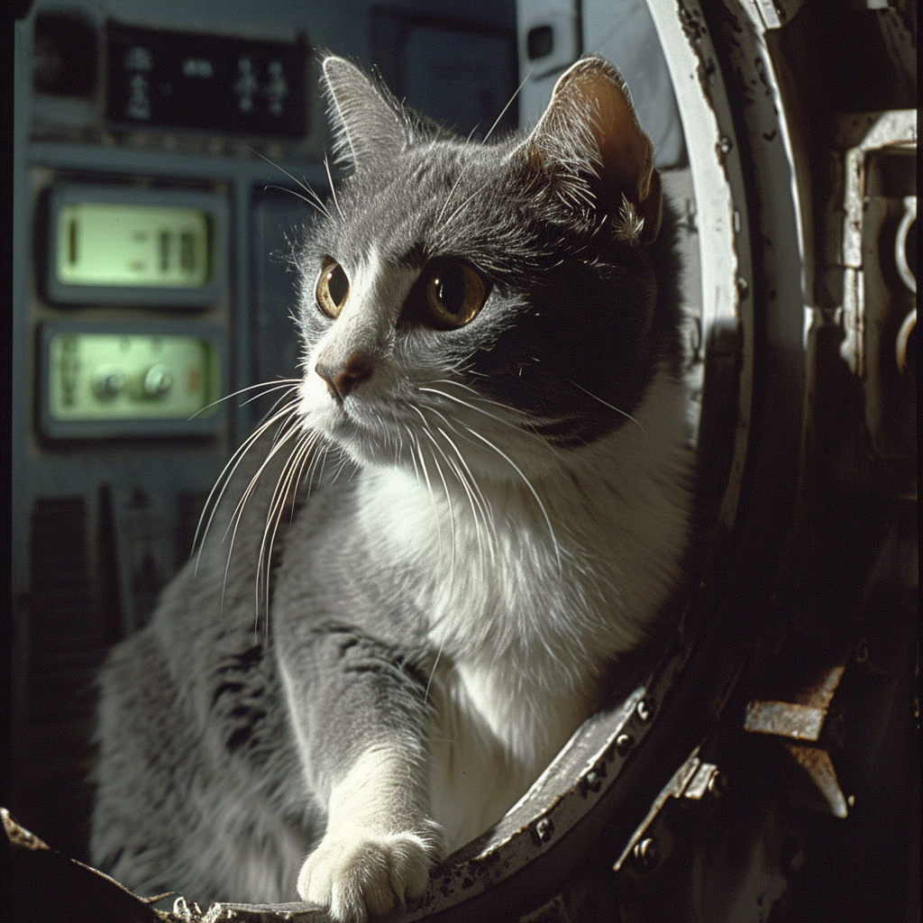 Gray and white cat in 1980s sci-fi film