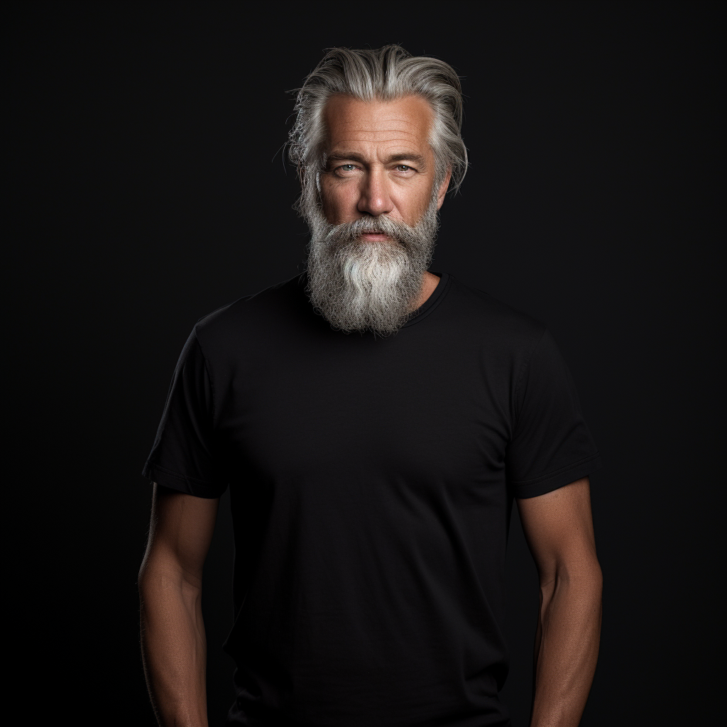 Gray bearded gentleman wearing blank black t-shirt mockup