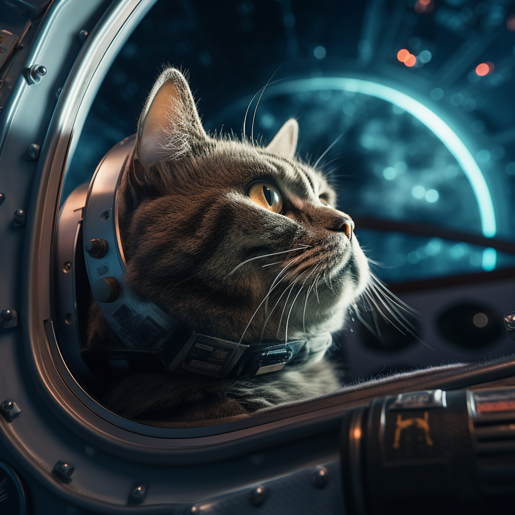 Gray cat in spaceship looking out