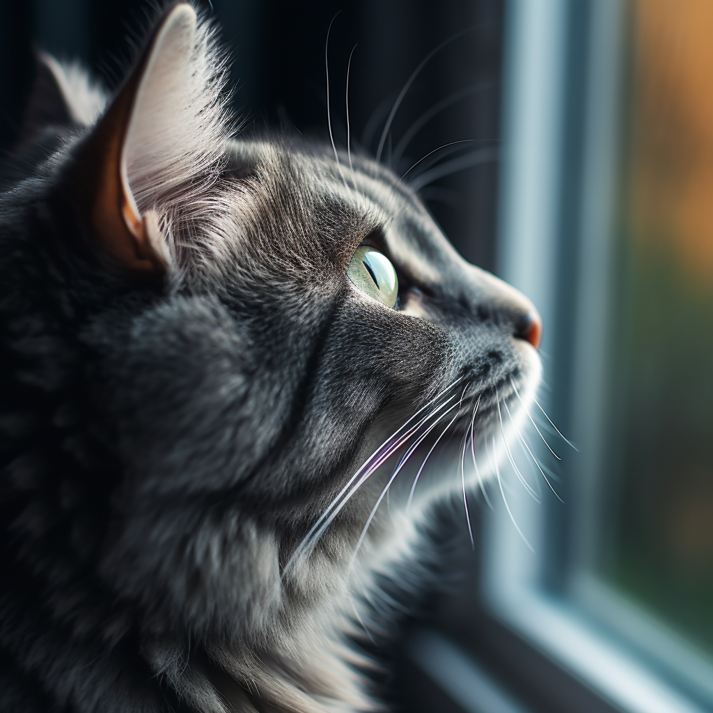 Gray cat looking out window