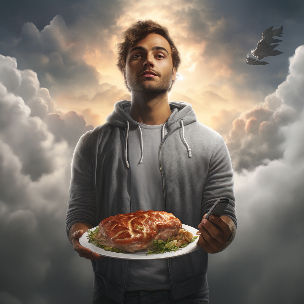 Man holding plate of meatloaf in gray outfit