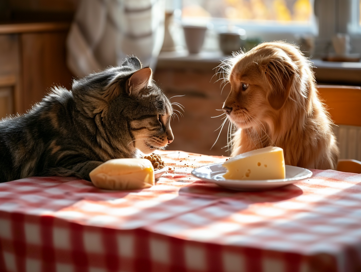 Grayscale cat and Hovawart eating on kitchen table