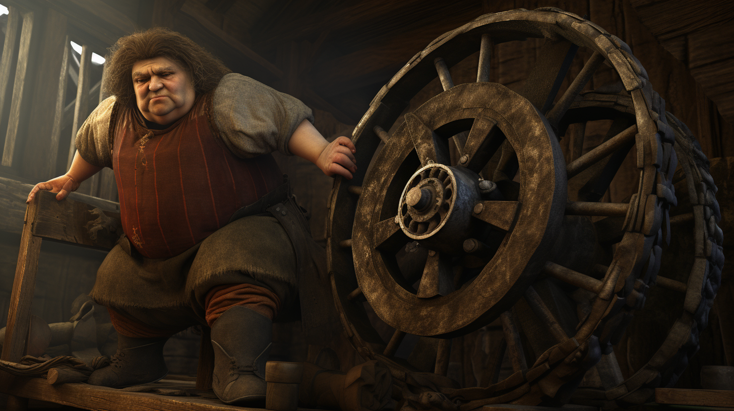 Greasy overweight medieval halfling handling trainwheel