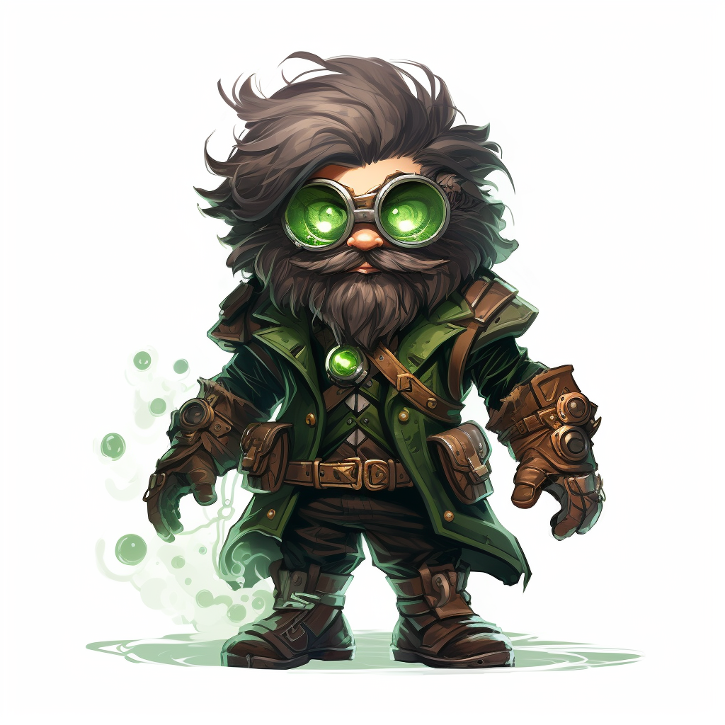 Childlike short wizard with brown beard and green steam punk goggles