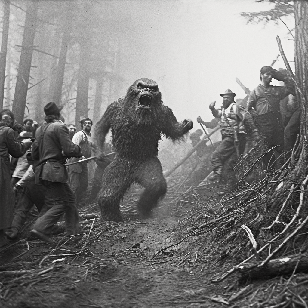 Vintage photo of the great Sasquatch hunt