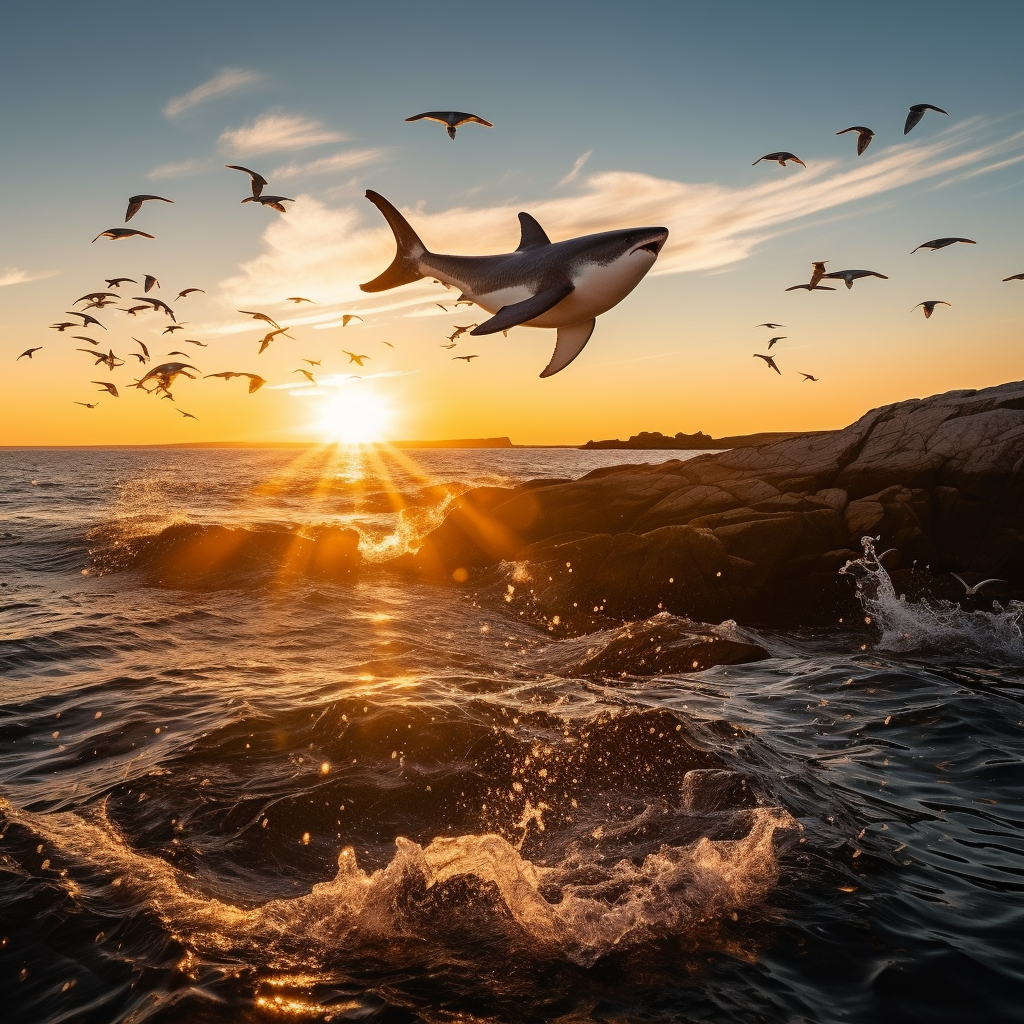 Majestic great white shark leaping out of the ocean