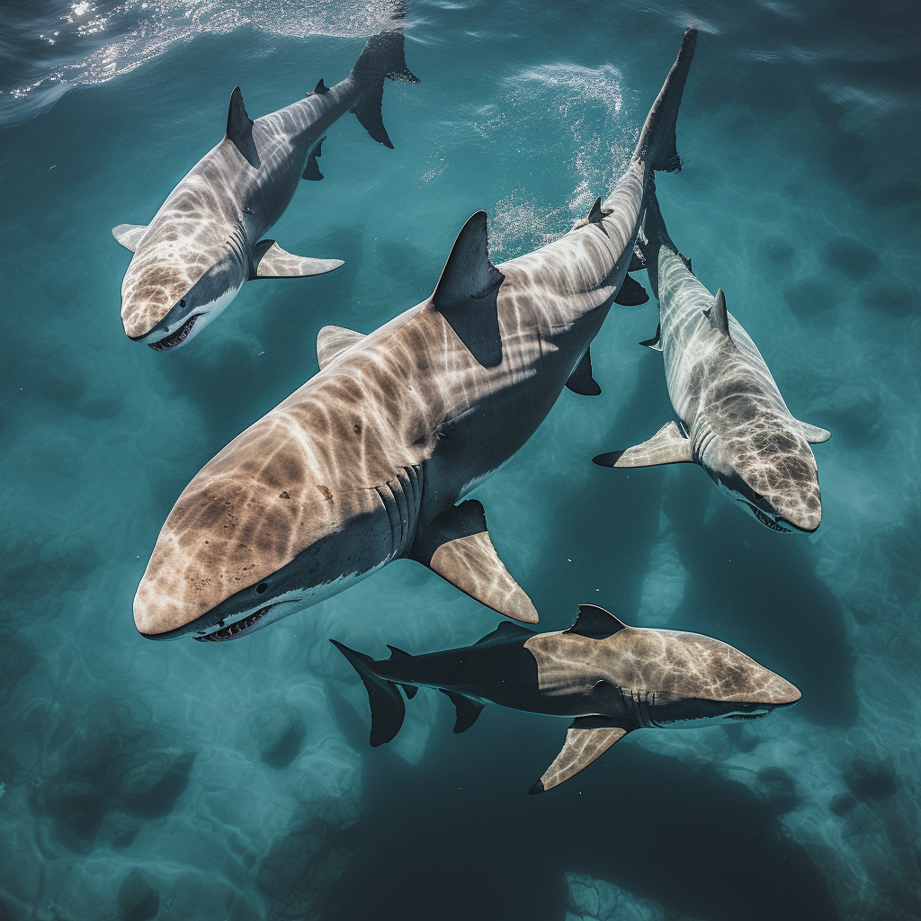 Majestic great white sharks swimming in the ocean