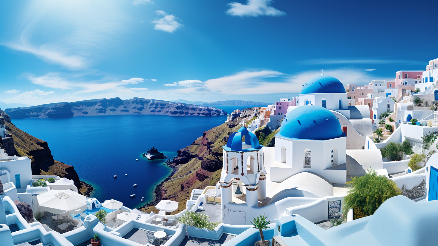 Iconic Blue-Domed Churches in Grecian Landscape