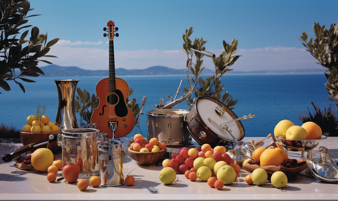 Surreal backyard swimming pool with fruit close-up