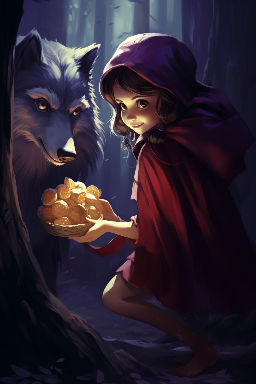 Greedy Wolf on Bags of Gold Giving Coin to Little Red Riding Hood