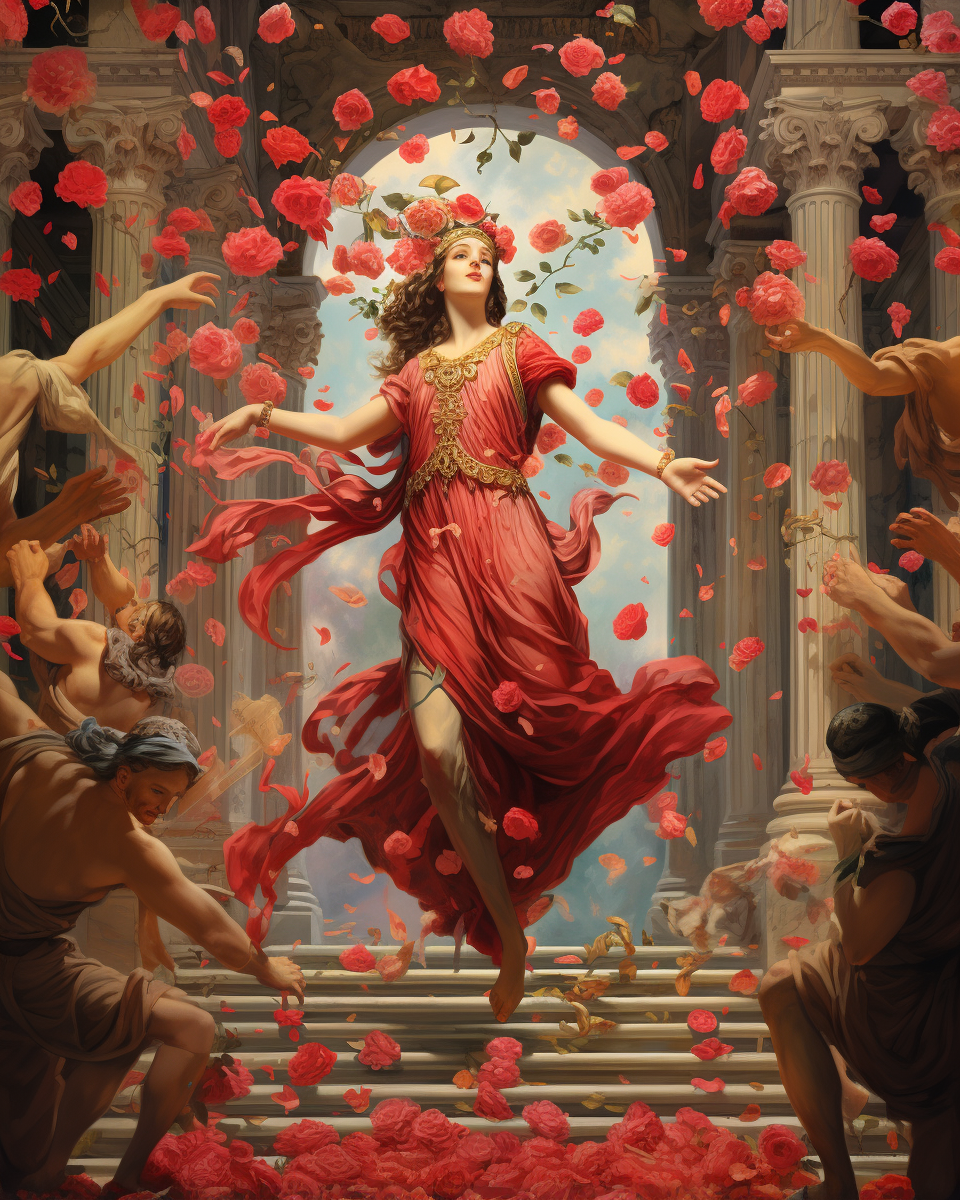 Persephone in Athens surrounded by flowers and pomegranates