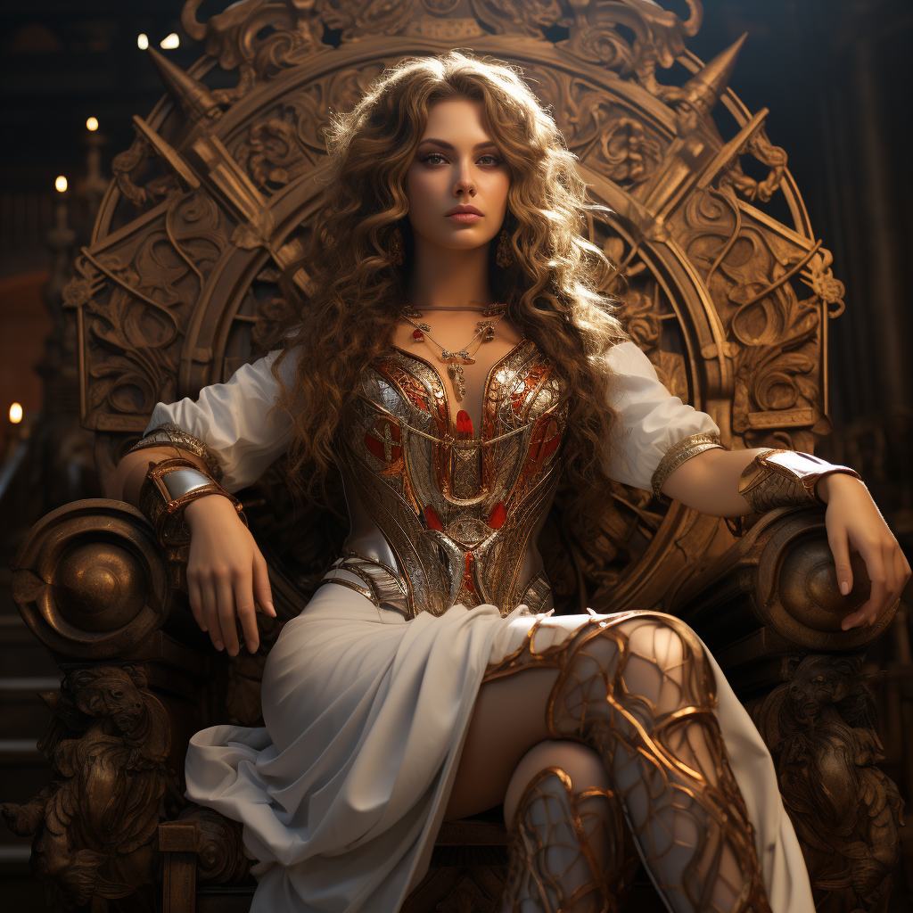 Beautiful Greek goddess on throne with crossed legs