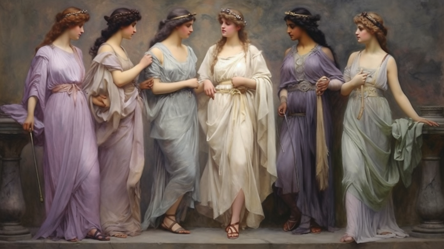 Six girls dressed as Greek goddesses