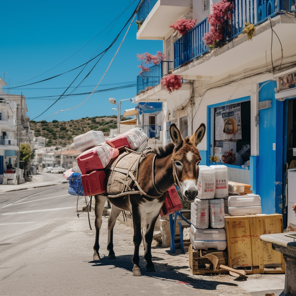 Donkey with saddle bags wandering Greek island street