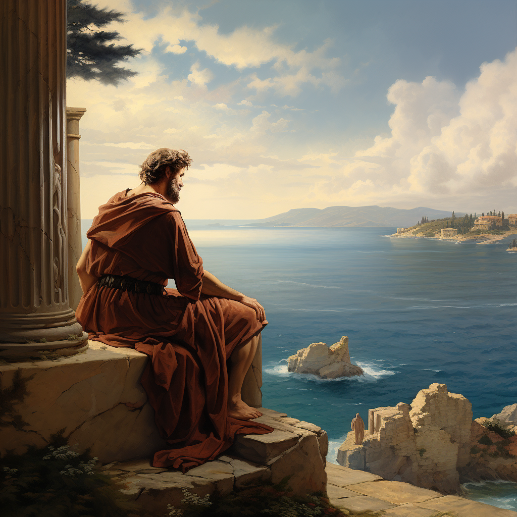 Ancient Greek philosopher overlooking the sea