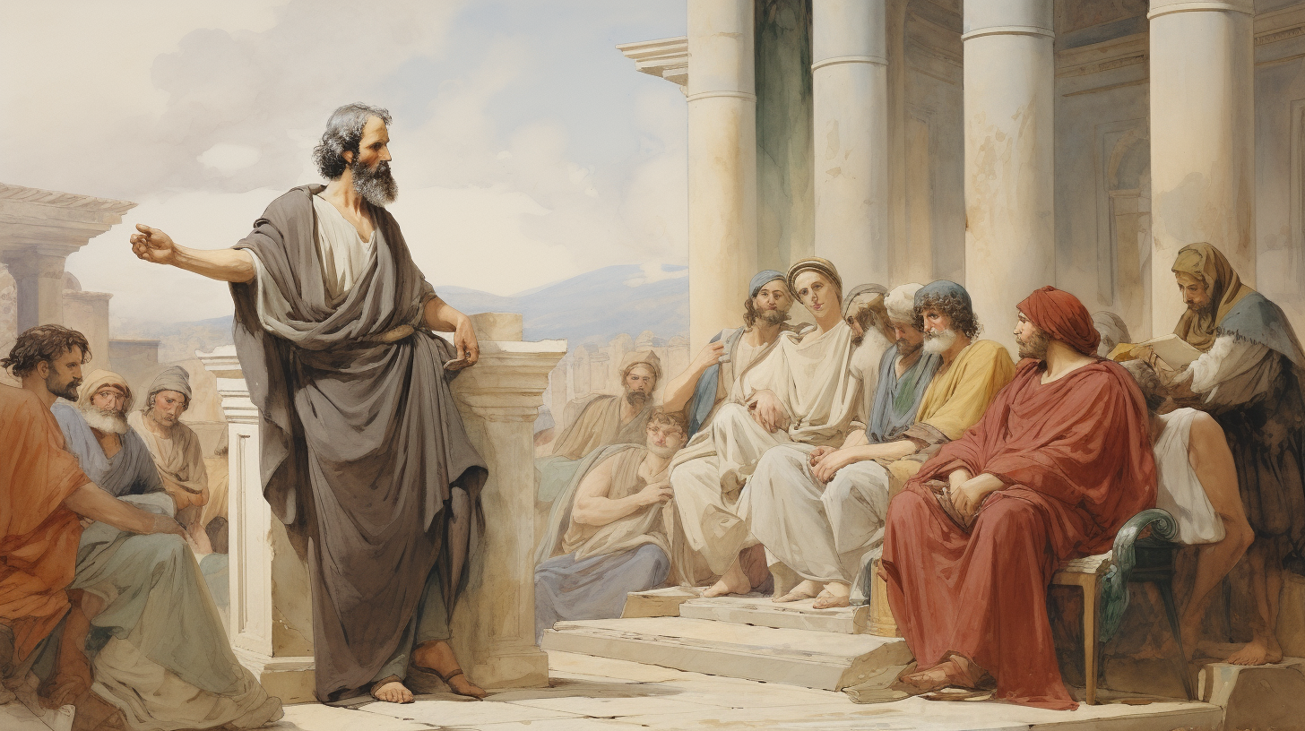 Greek philosopher giving colourful watercolour speech